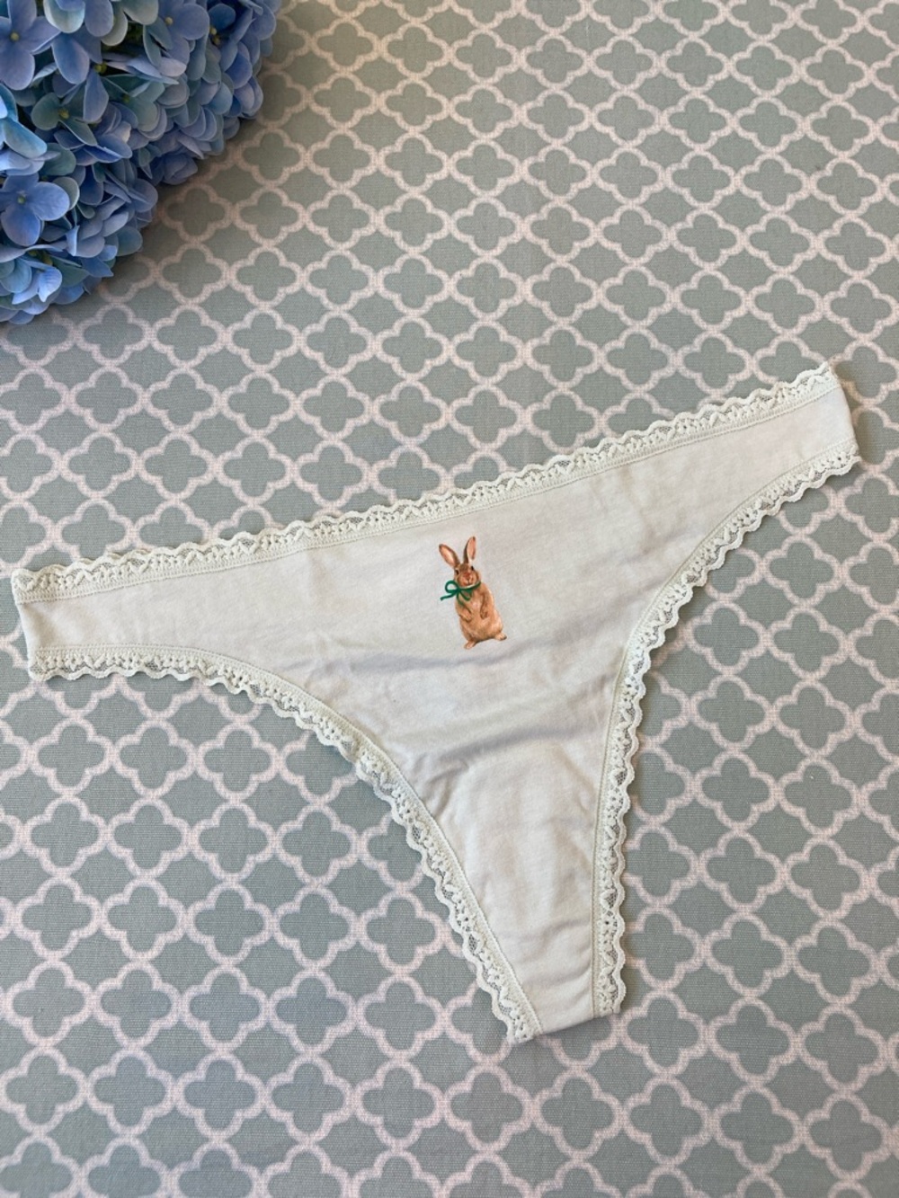 Victoria’s Secret Bunny Icon Cotton Blend Lace Trim Mint Green Thong XL NWT
